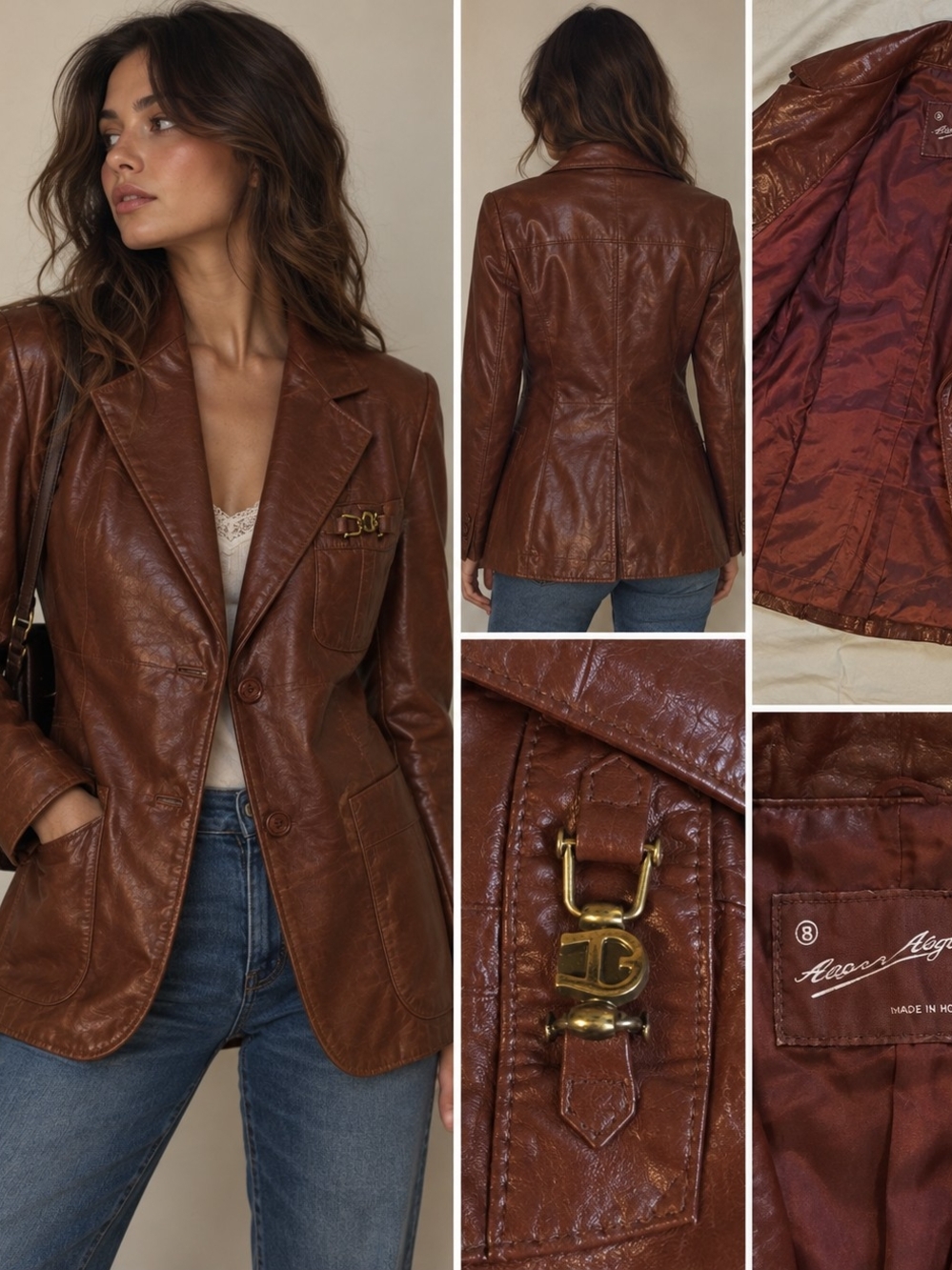 Dennis Basso Leather Blazer Jacket in Brown Size 8
